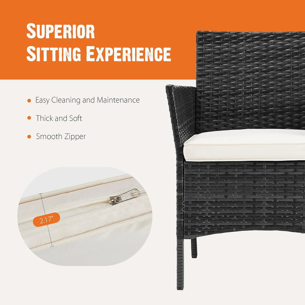 Sweetcripy Patio Furniture Set 3 Pieces, Outdoor Furniture with Soft Cushion and Glass Table, All Weather Manual Weaving Wicker Rattan Patio Chairs for Garden, Terrace, Porch(Black and Beige)