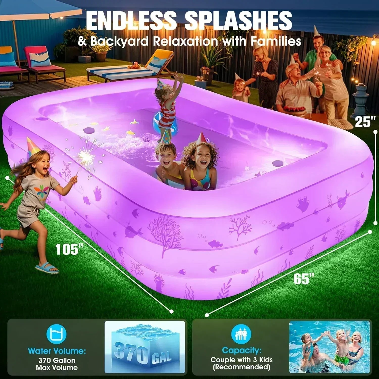 Inflatable Pool with Seat and Pool Lights Durable Thickened Large Size Family Inflatable Pools