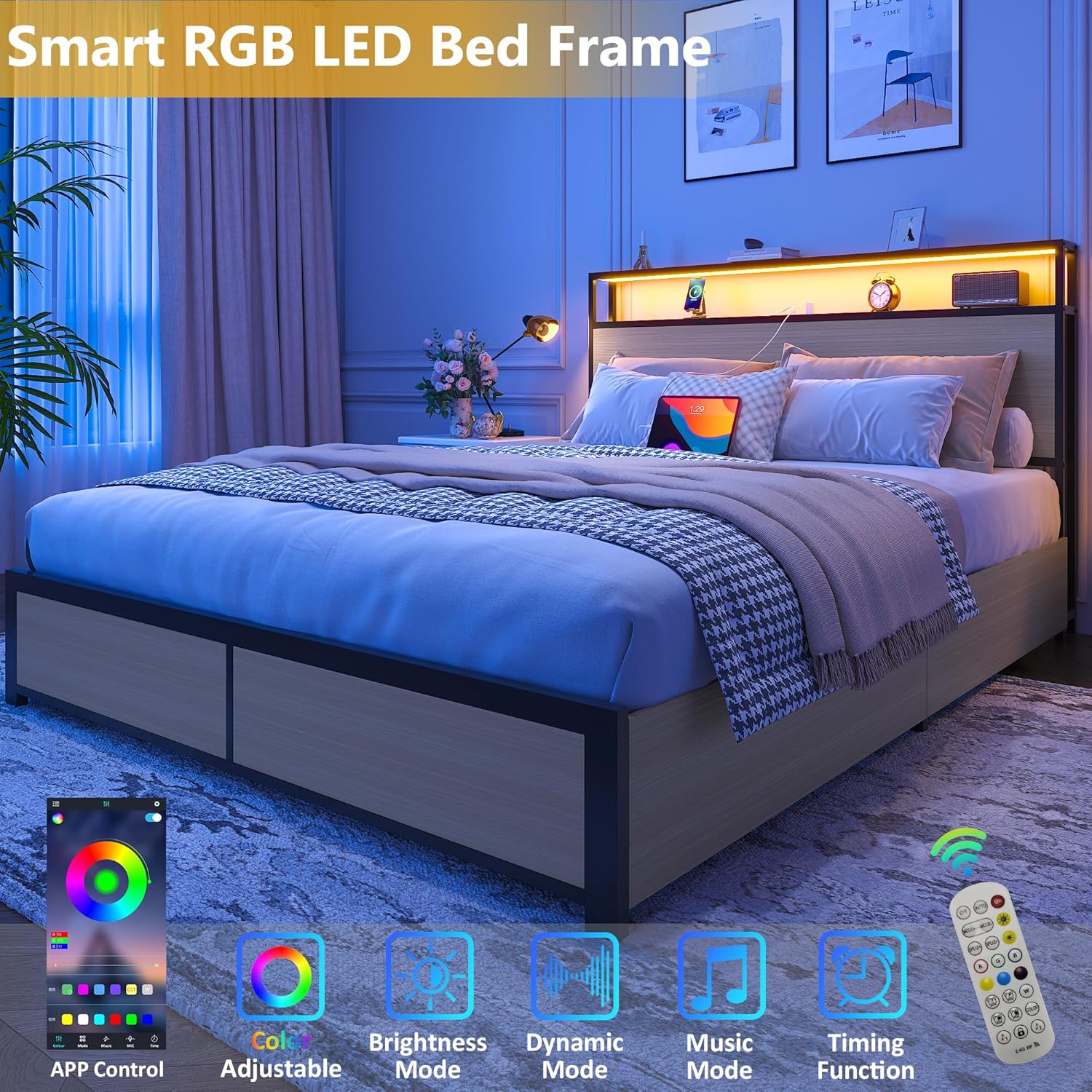 Lifezone Queen Bed Frame with 2-Tier Storage Headboard, Metal Platform Bed Frame with 4 Storage Drawers, Built in Charging Station & LED, Noise-Free/Metal Support/No Box Spring Needed