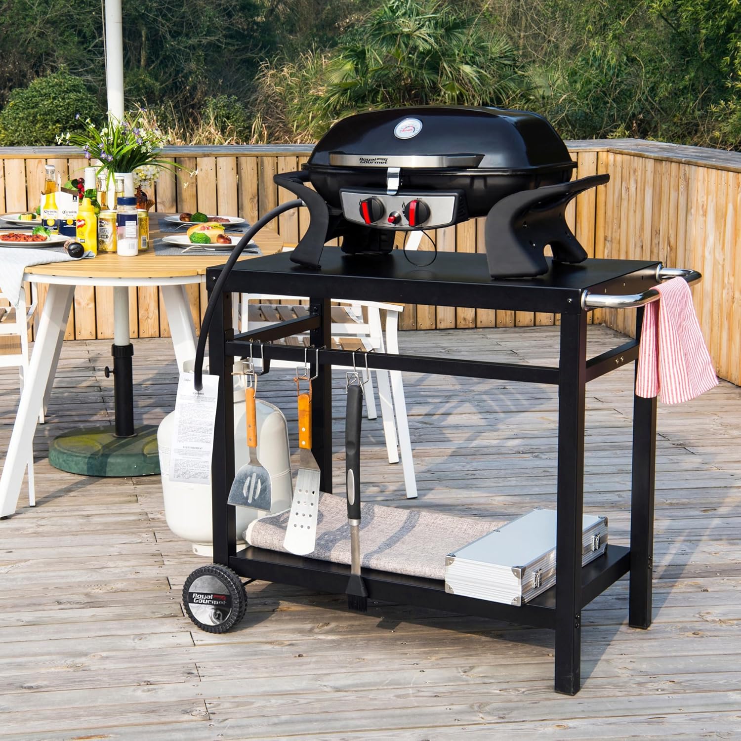 Royal Gourmet Dining Cart Table with Double-Shelf, Movable Stainless Steel Flattop Grill Cart, Hooks, Side Handle, Multifunctional PC3401B (Black)