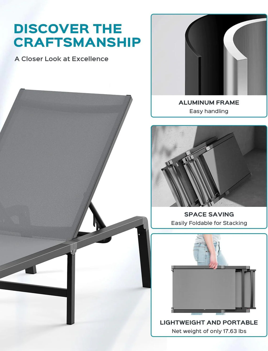 Aluminum Chaise Lounge Ourdoor - Foldable & Assemble Free Outdoor Lounge Chair with 5 Adjustable Backrest, Patio Lounge Chair for Outside Poolside Beach Pool, Black