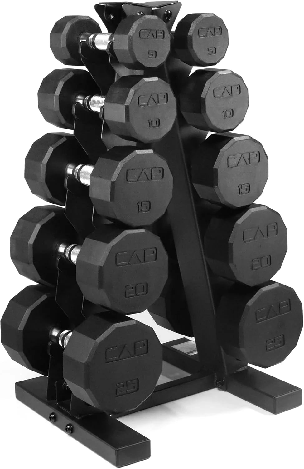 CAP Barbell Rubber Coated Dumbbell Weight Set with Vertical Rack | 100 lb, 150 lb, and 210 lb
