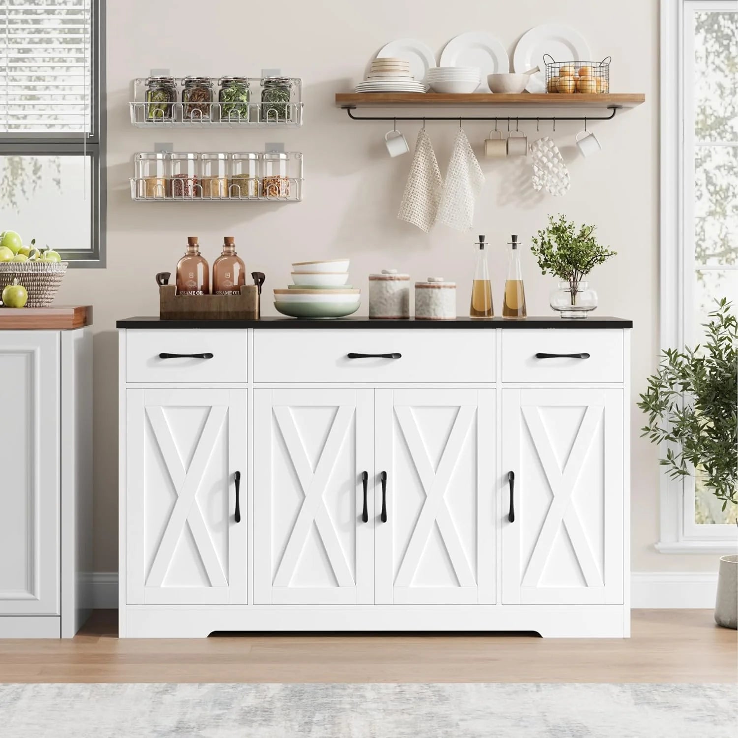 Sideboard with drawers, large 55-inch sideboard, sideboard storage with shelves and doors, modern farmhouse coffee bar wood kitchen dining table