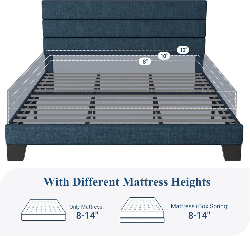 Allewie Queen Size Platform Bed Frame Fabric Upholstered Headboard Wooden Slats Support