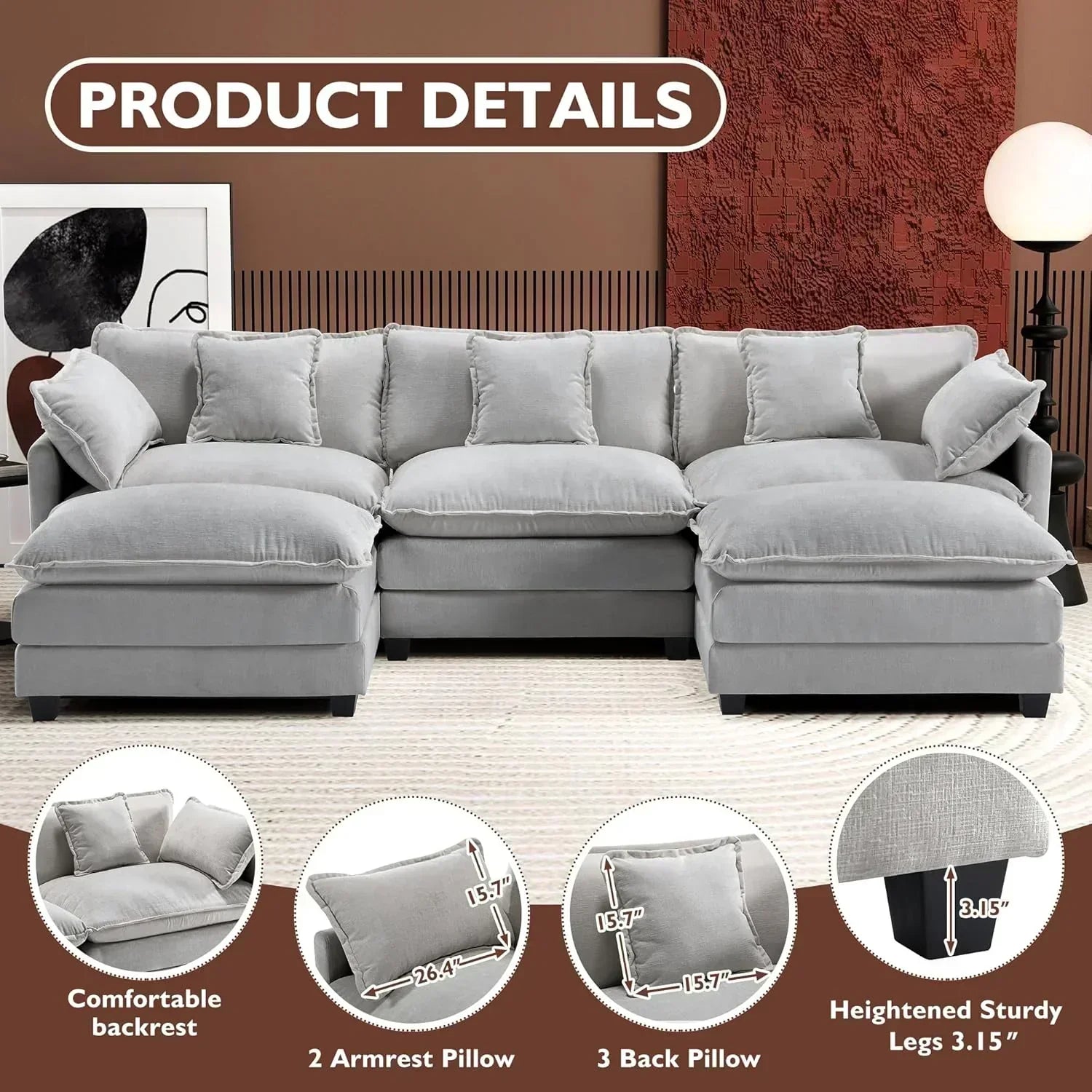 ihanherry 146-inch U-shaped modern sofa modular area cloud sofa