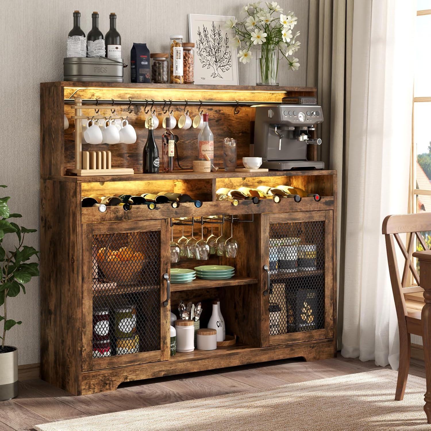 Wine Bar Cabinet with LED Light, Liquor Cabinet with Glass Holder, Coffee Bar for Liquor, Storage Buffet with Wine Racks, Wine Cabinet