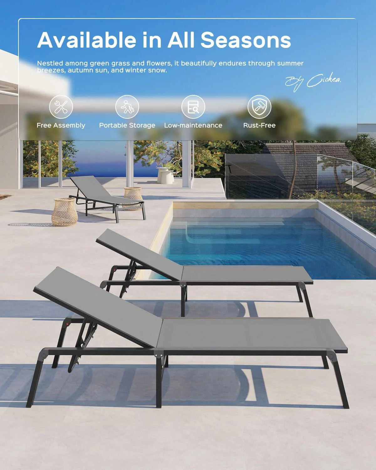 Aluminum Chaise Lounge Ourdoor - Foldable & Assemble Free Outdoor Lounge Chair with 5 Adjustable Backrest, Patio Lounge Chair for Outside Poolside Beach Pool, Black