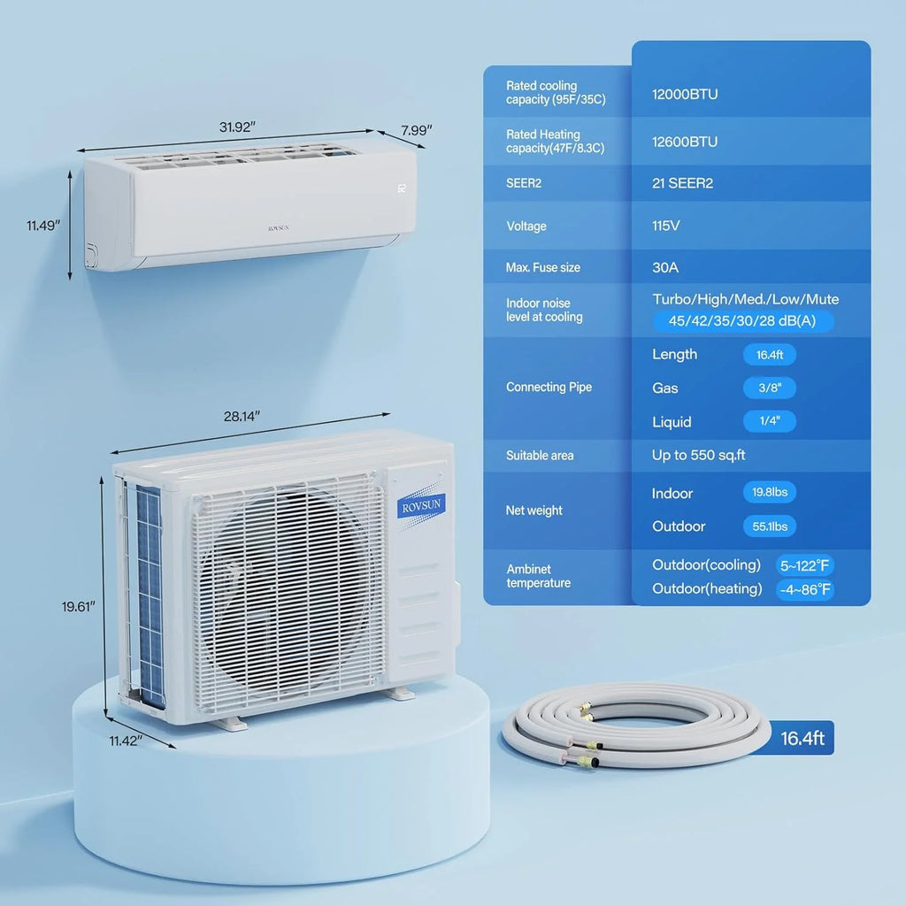 ROVSUN 9000 BTU Wifi Enabled Mini Split Air Conditioner & Heater with Inverter, 19 SEER2 Energy Saving 115V Ductless Split AC Unit with Pre-Charged Condenser, Heat Pump & Installation Kit
