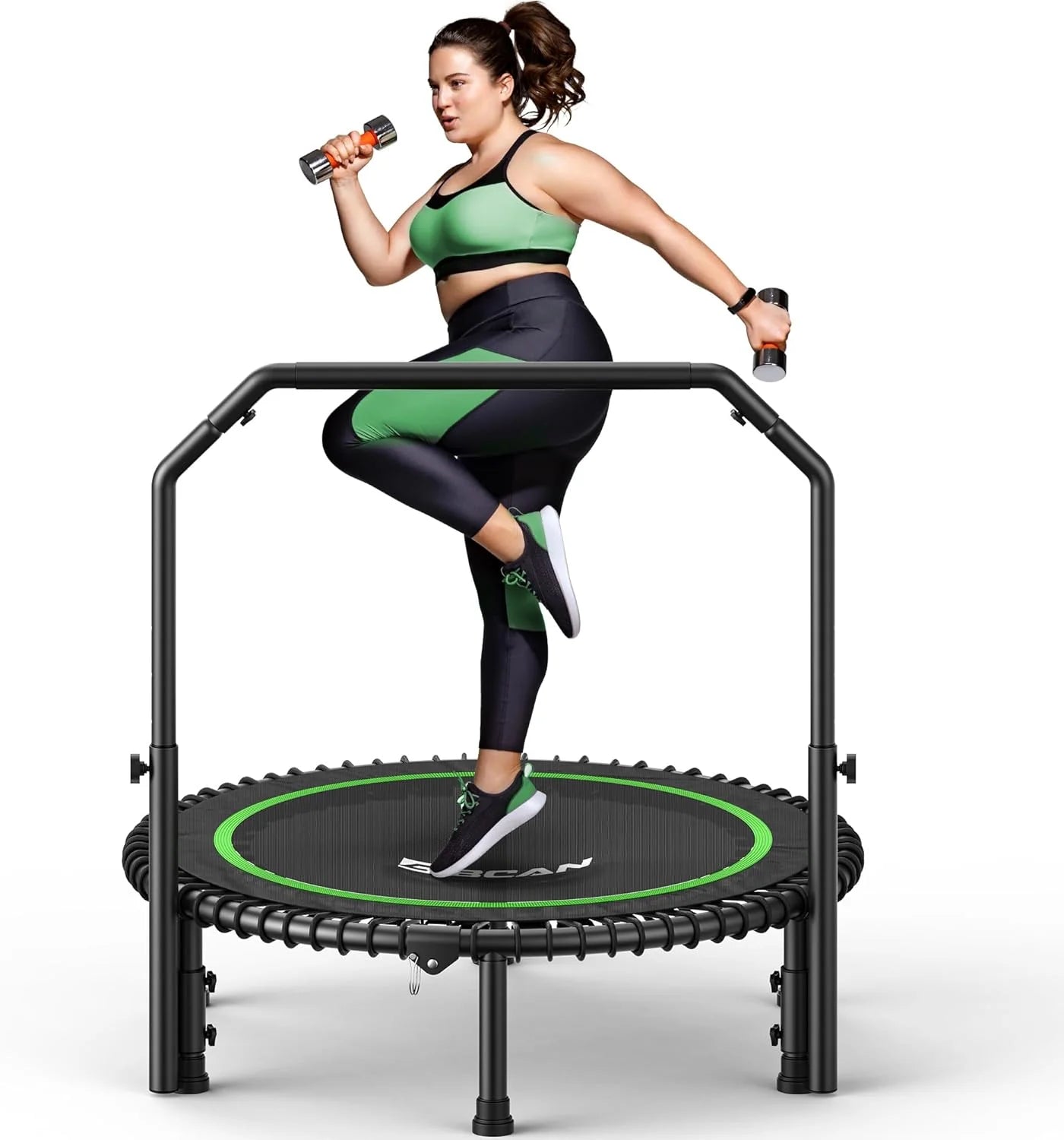 BCAN 450/550 LBS Foldable Mini Trampoline, 40/48 Fitness Trampoline with Bungees, U Shape Adjustable Foam Handle, Stable & Quiet Exercise Rebounder for Adults Indoor/Outdoor Workout