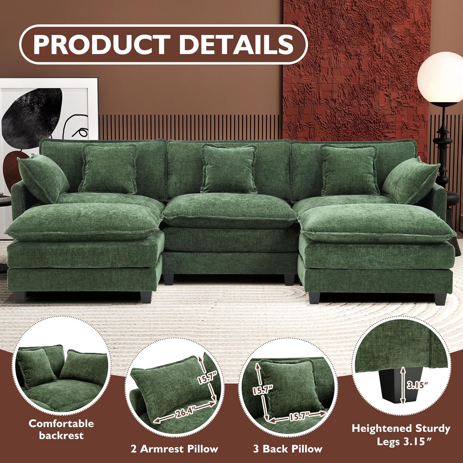 ihanherry 146-inch U-shaped modern sofa modular area cloud sofa