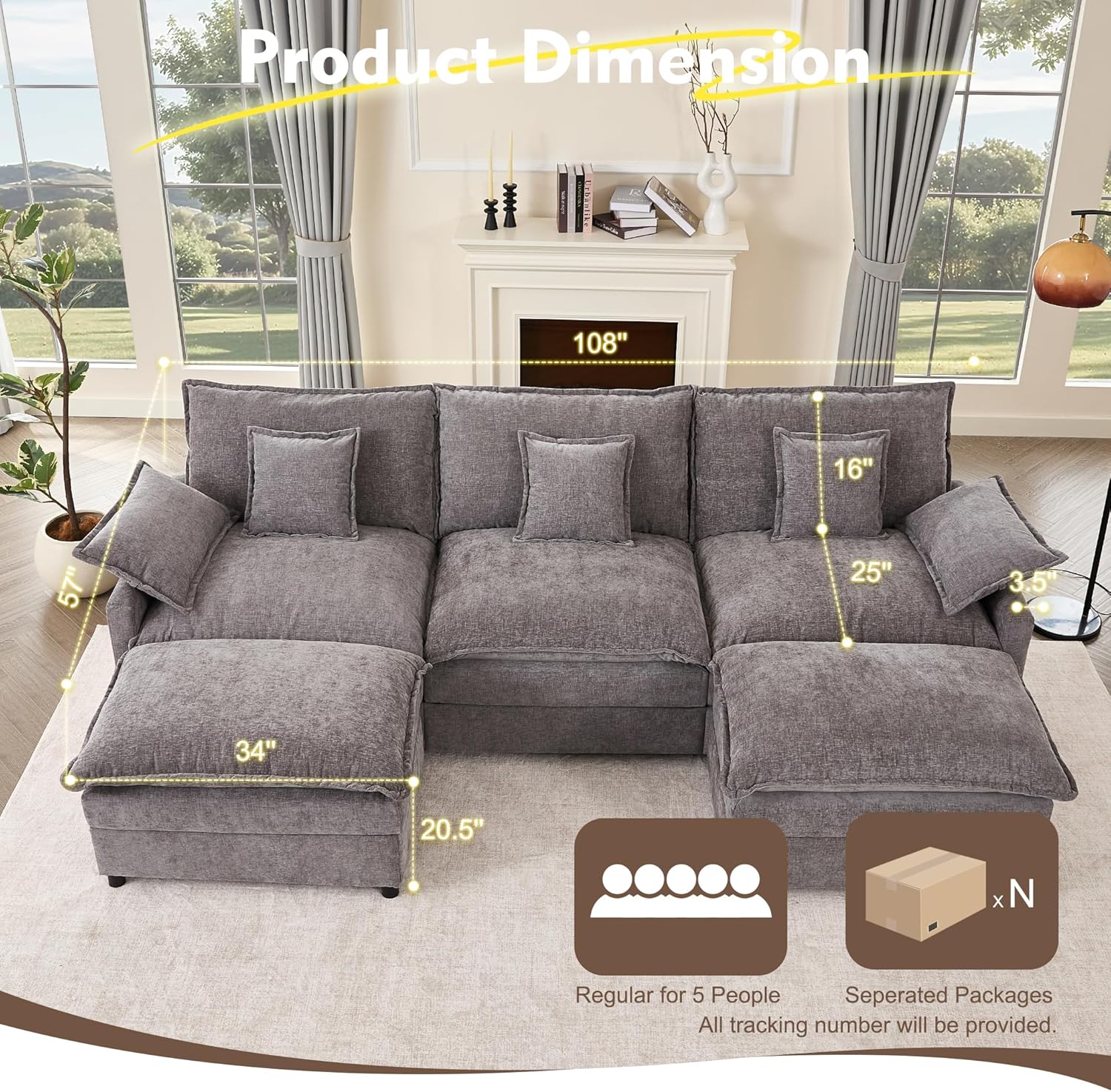 108 Inch U Shape Sofa Sectional Sofa Comfortable Cloud Sofa Living Room Deep Seat Sofa