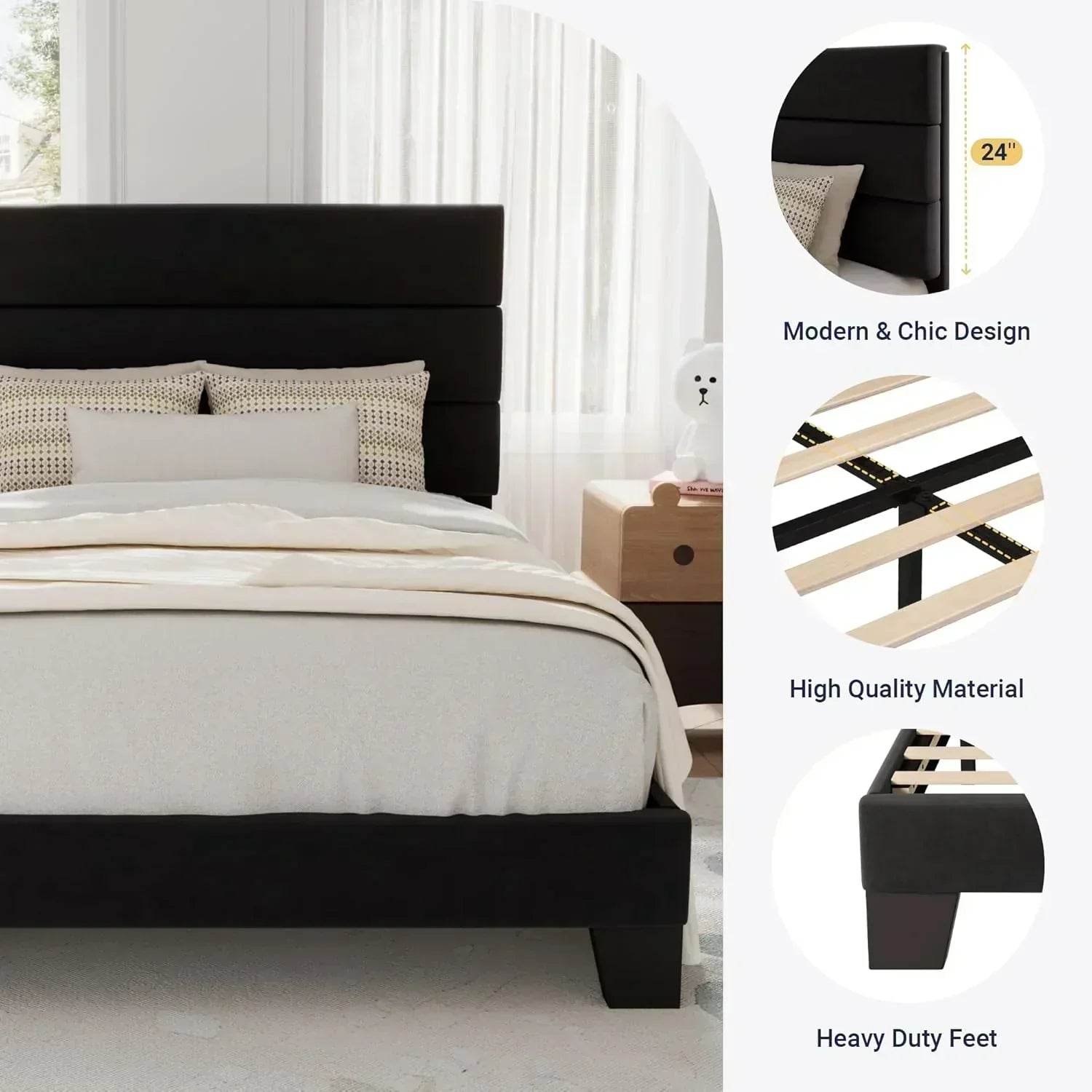 Allewie Queen Size Platform Bed Frame with Fabric Upholstered Headboard Wooden Slats Support