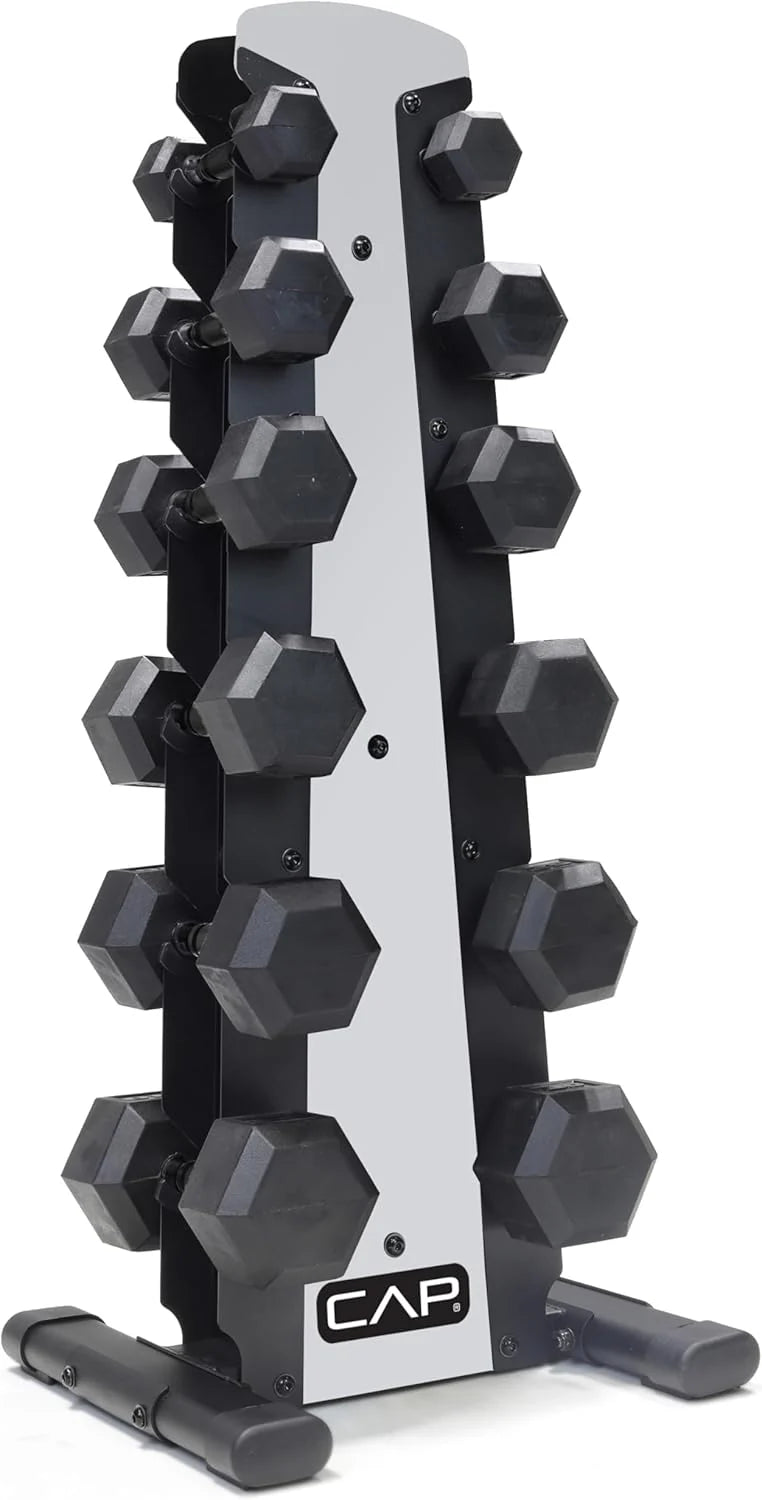 CAP Barbell Rubber Coated Dumbbell Weight Set with Vertical Rack | 100 lb, 150 lb, and 210 lb