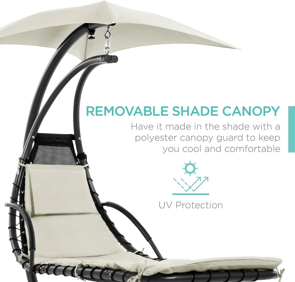 Best Choice Products Outdoor Hanging Curved Steel Chaise Lounge Chair Swing w/Built-in Pillow and Removable Canopy - Teal