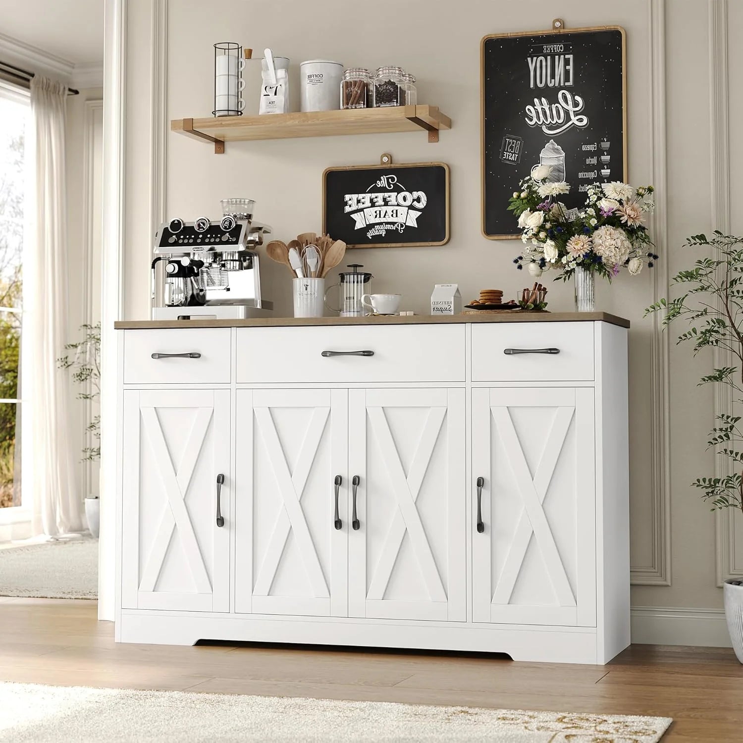 Sideboard with drawers, large 55-inch sideboard, sideboard storage with shelves and doors, modern farmhouse coffee bar wood kitchen dining table