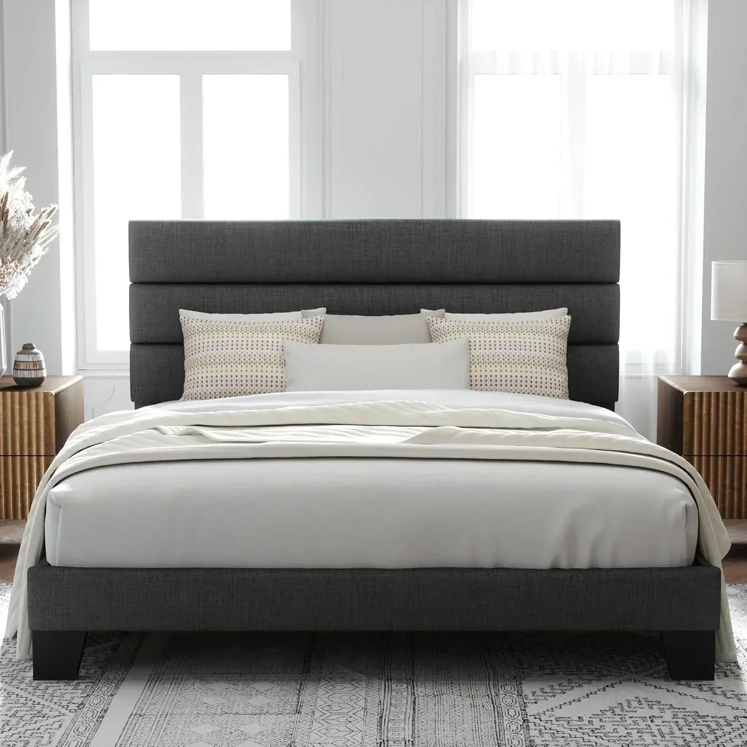 Allewie Queen Size Platform Bed Frame with Fabric Upholstered Headboard Wooden Slats Support