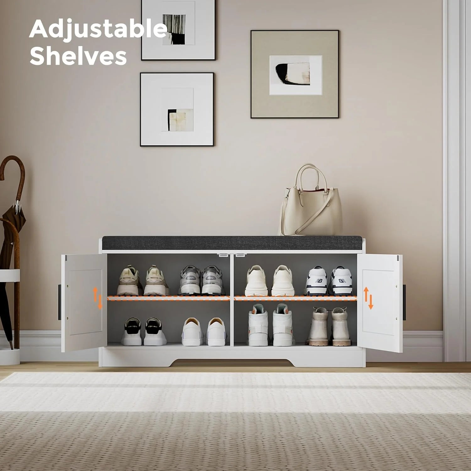 2-Tier Storage Bench, Shoe Bench with Thickened Padded Seat Cushion, Entryway Bench with 4 Doors, Adjustable Shelf, 13.8 D x 45.3 W x 18.5 H, for Entryway, Living Room, Bedroom, White