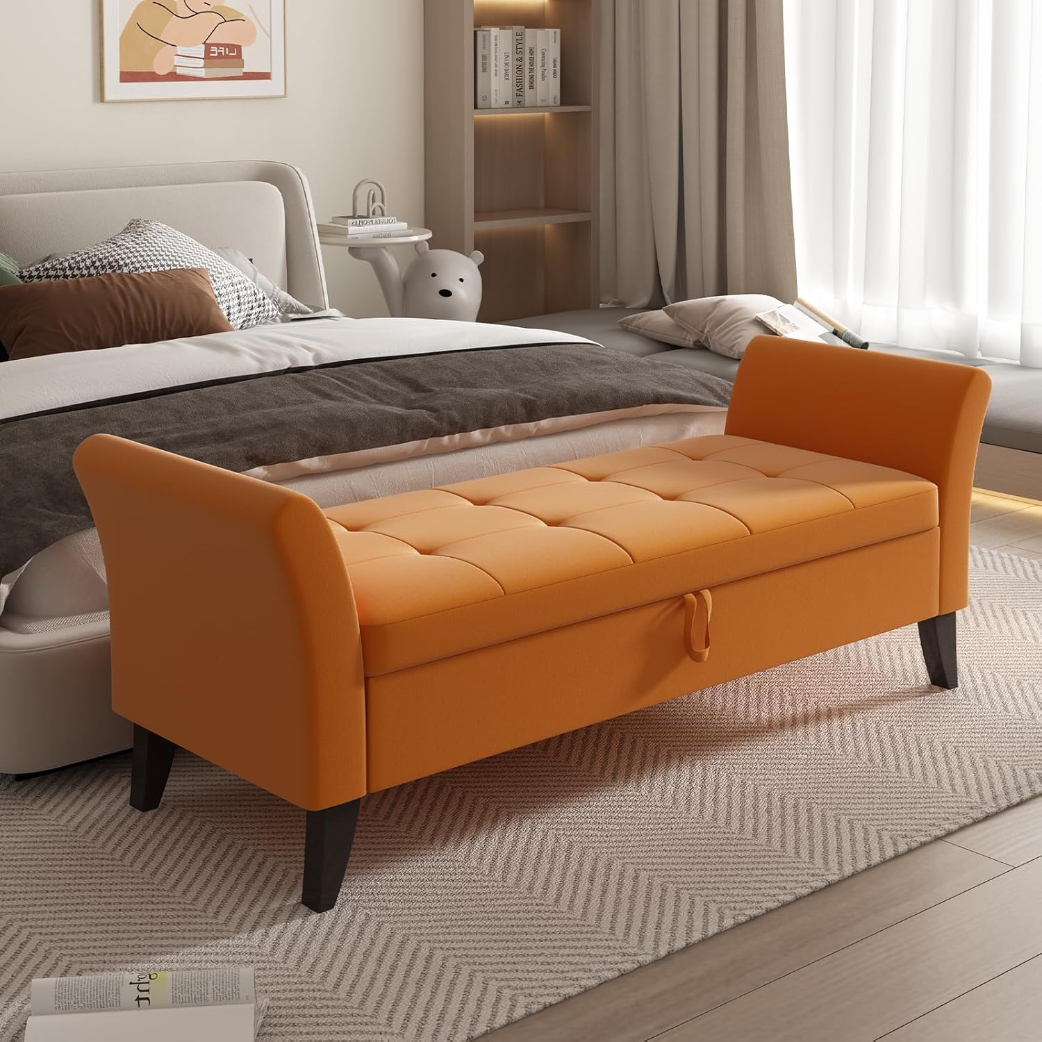 Furniliving Modern Storage Ottoman Bench, Sherpa Ottoman End of Bed Bench with Solid Wood Legs Upholstered Ottoman Benches with Storage Indoor Bench