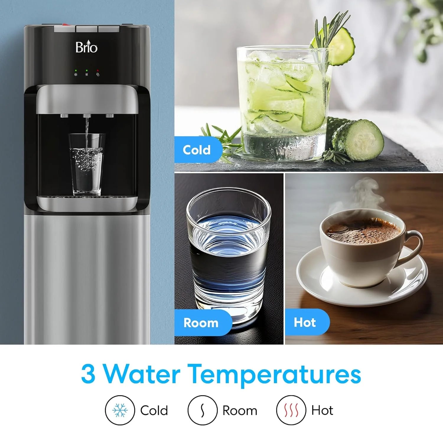 Brio Bottom Loading Water Cooler Dispenser for 5 Gallon Bottles 3 Temperatures with Hot