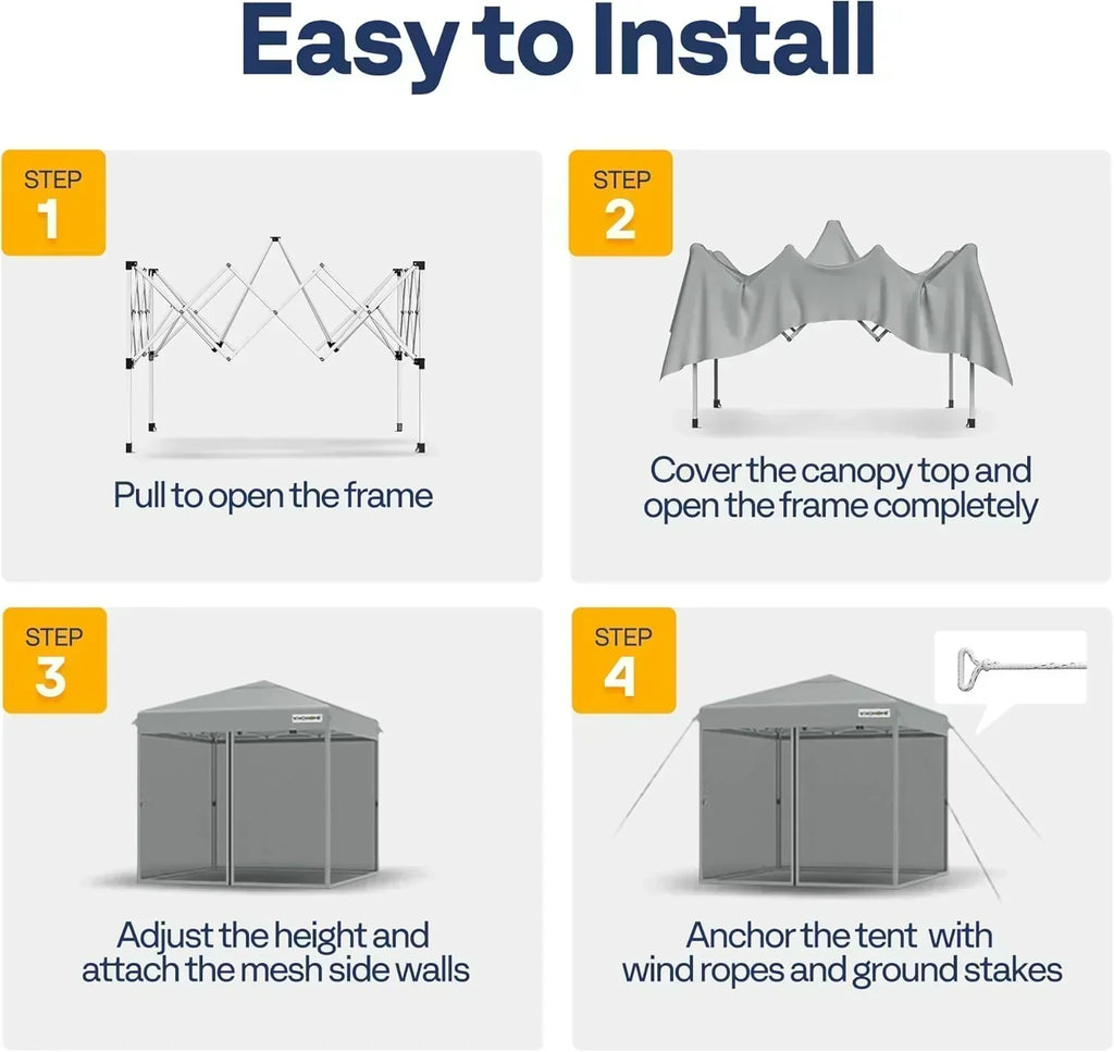 10x10ft Easy Pop-Up Canopy Outdoor Screen Tent with Mosquito Netting 2 Zipper Doors Roller Bag