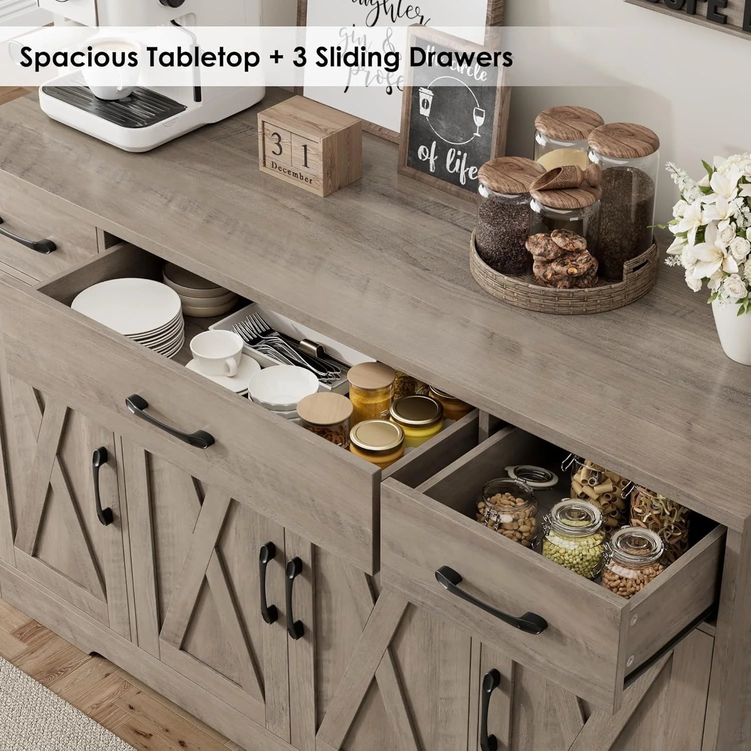 Sideboard with drawers, large 55-inch sideboard, sideboard storage with shelves and doors, modern farmhouse coffee bar wood kitchen dining table