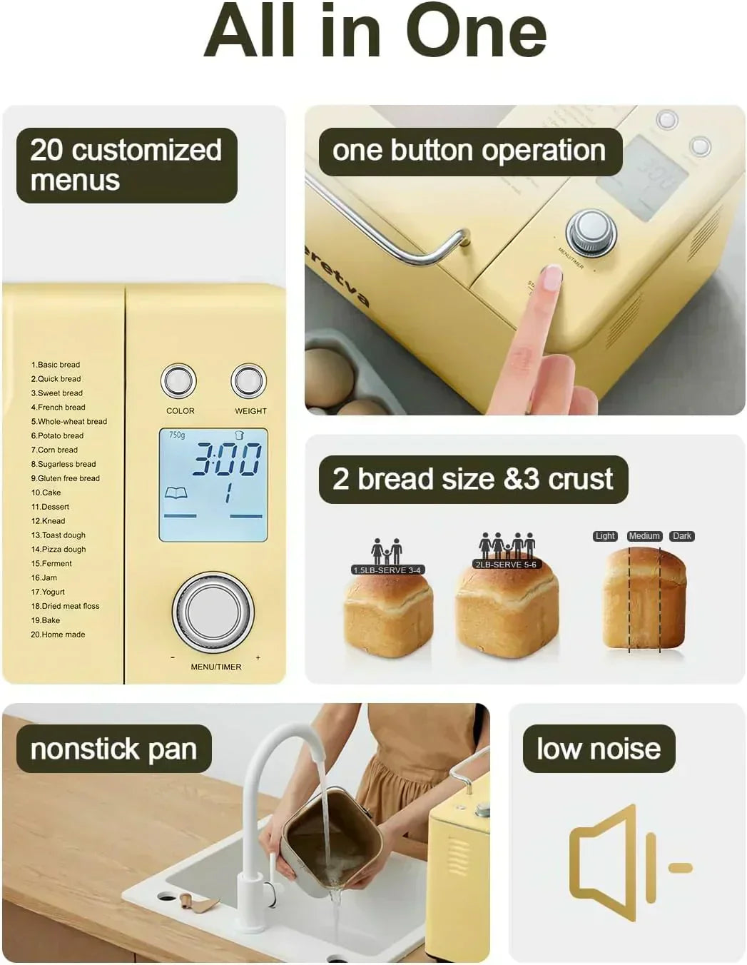 Neretva Bread Maker 20-in-1 2LB Bread Maker Dual Heater Bread Maker Automatic Ceramic Pan
