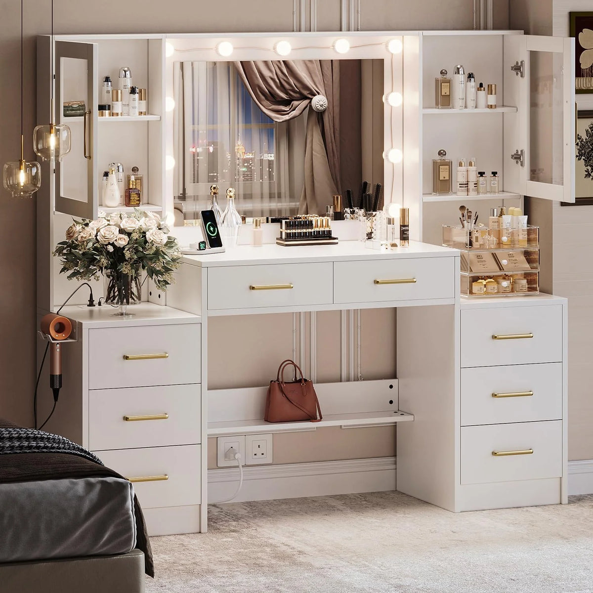 Black Vanity Desk with Mirror, Lights & Charging Station, 58.3 3 Lighting Modes