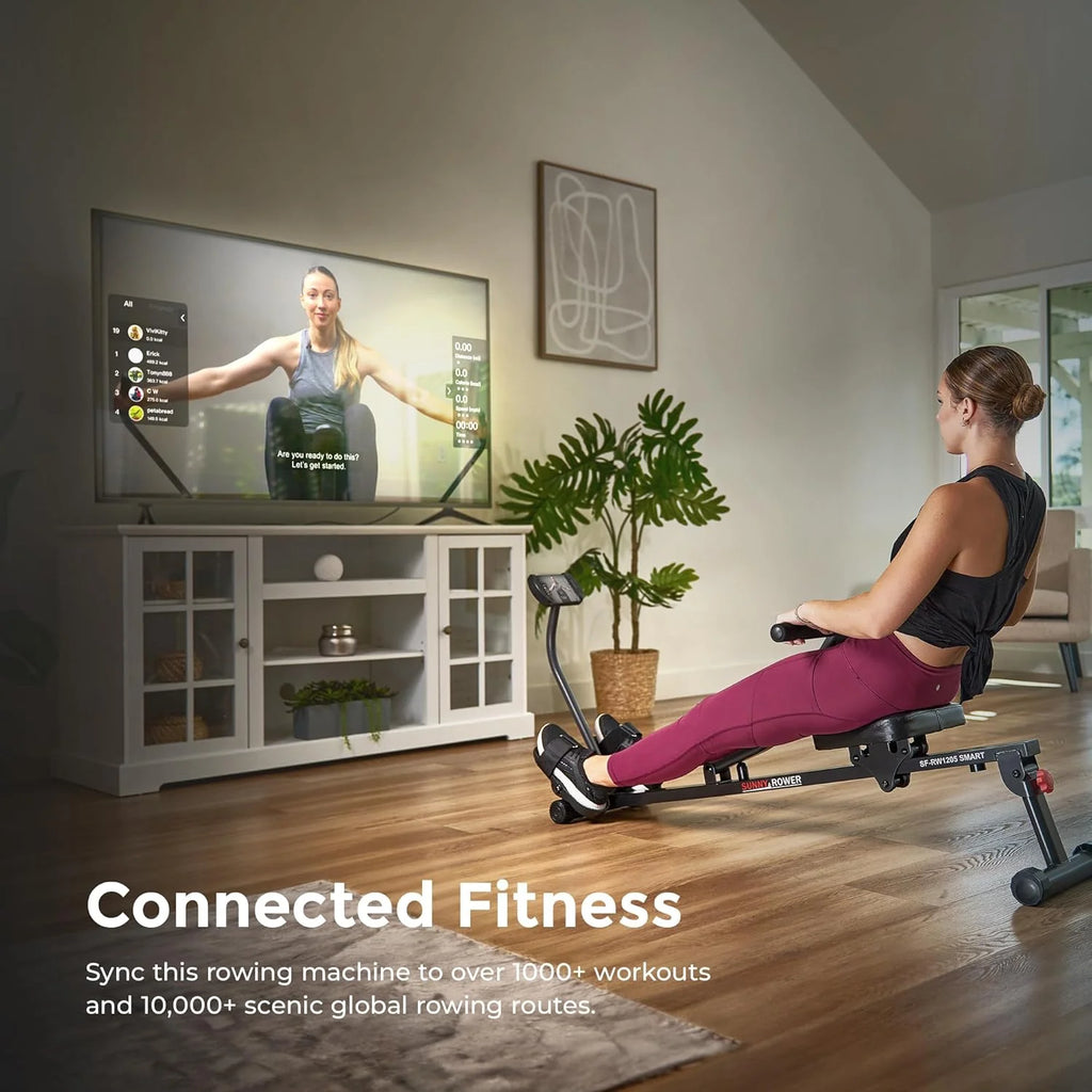 Sunny Health & Fitness Compact Adjustable Rowing Machine with 12 Levels of Resistance for Complete Body Workouts and Optional Free SunnyFit App Enhanced Connectivity