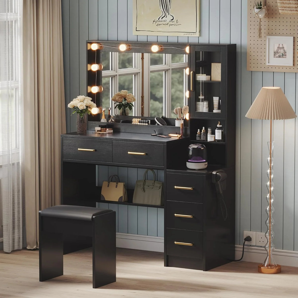 Black Vanity Desk with Mirror, Lights & Charging Station, 58.3 3 Lighting Modes