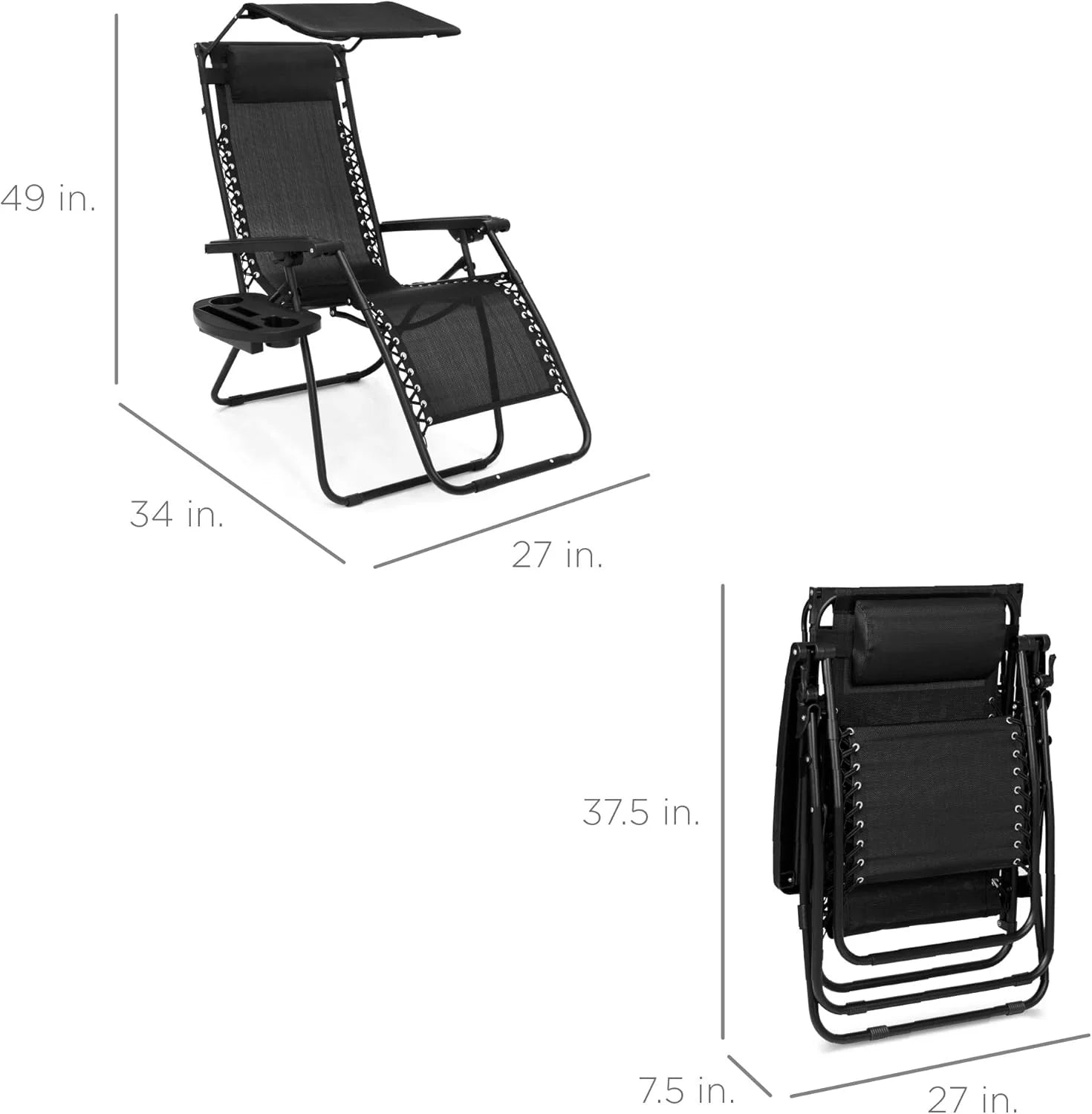 Best Choice Products Folding Zero Gravity Outdoor Recliner Patio Lounge Chair w/Adjustable Canopy Shade, Headrest, Side Accessory Tray, Textilene Mesh - Peacock Blue