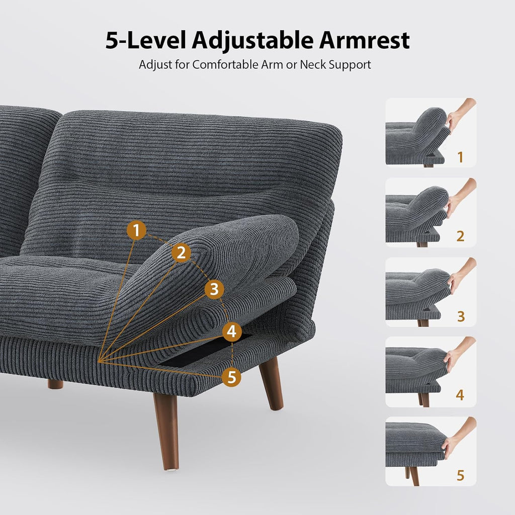 Pipishell Convertible Futon Sofa Bed,66 Corduroy Futon Couch with Adjustable Backrest and Armrests, Recliner Sleeper Sofa for Small Spaces, Play Room or Office, Grey