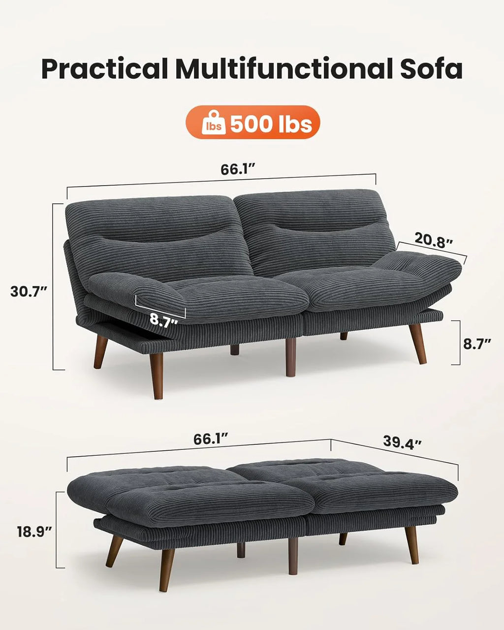 Convertible Futon Sofa Bed, 66 Inch Corduroy Futon Sofa Recliner Sofa Bed for Small Spaces, Playrooms or Offices
